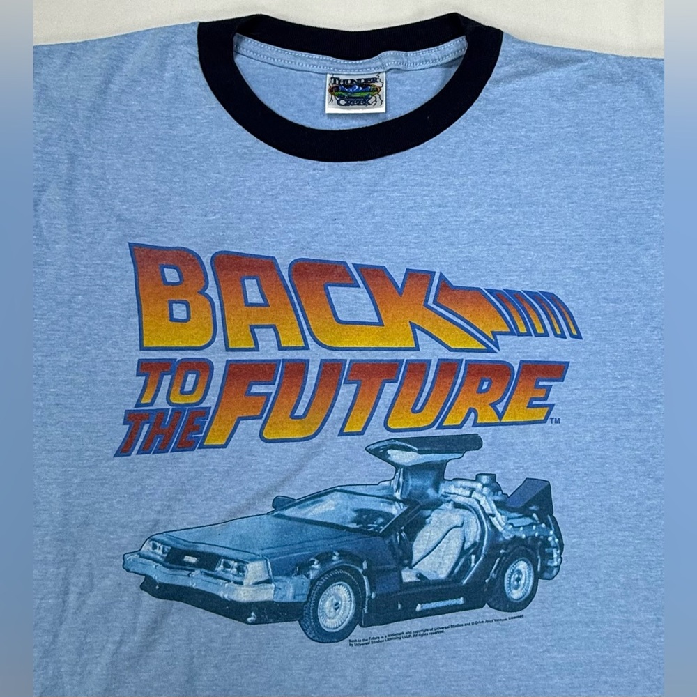 Back to the Future vintage Thunder Creek Light Blue Ringer Graphic Tee. NWOT - Picture 4 of 11